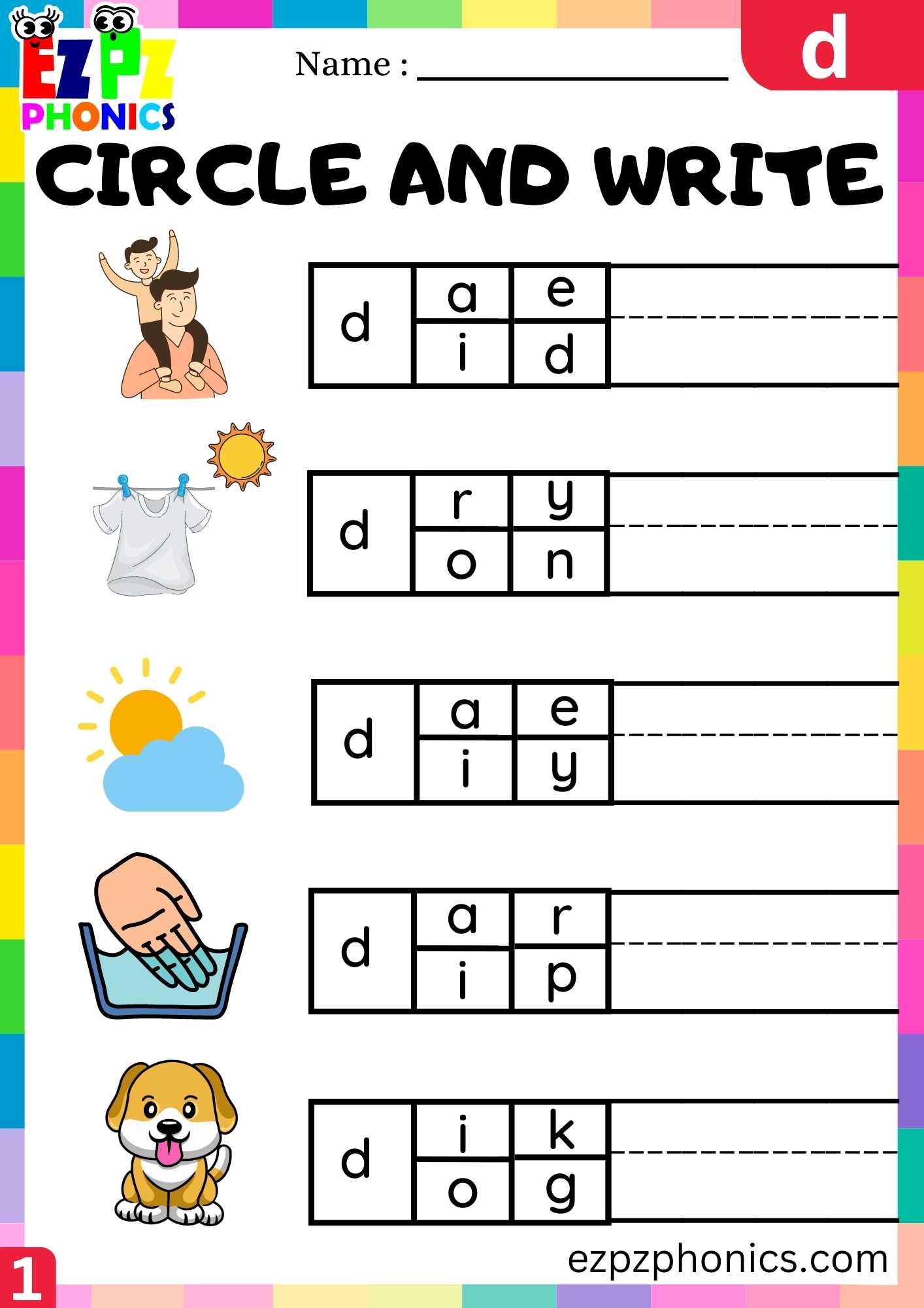 Letter D Circle And Write Beginning Sounds Worksheet